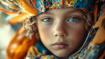 Obraz premium Close-up Portrait of a Young Person with Blue Eyes and Freckles Wearing a Colorful Headband with Feathers