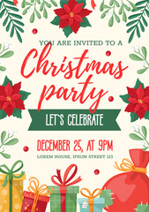 Invitation card for a Christmas party. Vector design template with Christmas botanic elements, poinsettia, leaves, branches, berries, holly. Hand-drawn flat vintage style.
