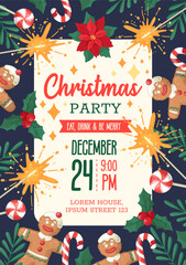Invitation card for a Christmas party. Vector design template on a dark blue background with gingerbread, sweets, festive symbols and design elements. Hand-drawn flat cartoon style.
