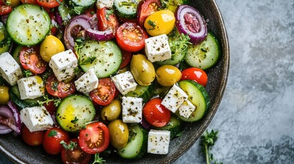 Vibrant Greek Salad Top View with Fresh Ingredients