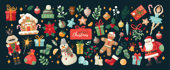 Big Christmas collection of festive symbols and design elements on dark blue background. Christmas vector characters. Hand-drawn style sticker pack. Vector elements for banner, card, postcard, cover.
