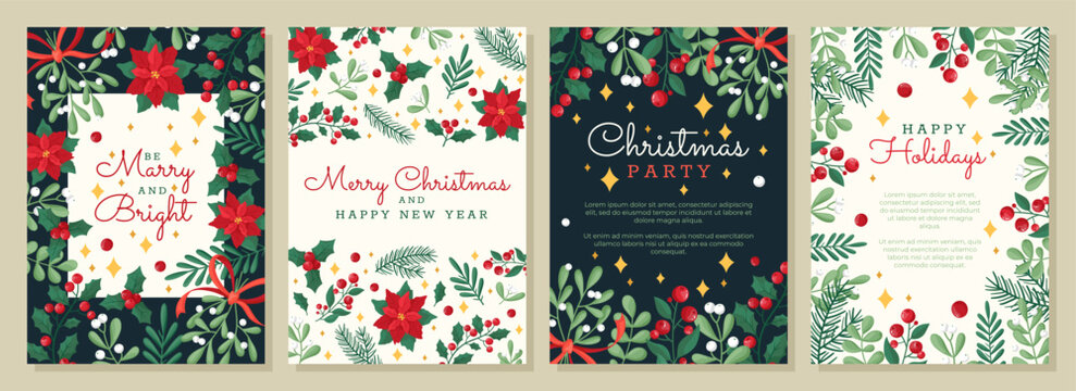 Set of Christmas and New Year greeting and invitation cards with winter plants.  Vector design template with botanic elements . Hand-drawn vintage style.