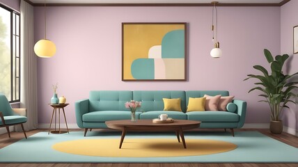 Modern mid century and minimalist interior of living room with wall art