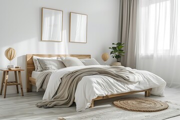 Interior of a bedroom with a wooden bed and a white wall
