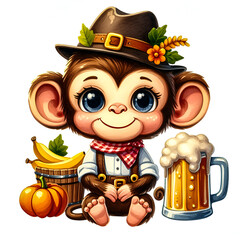 Watercolor Clipart of a funny Oktoberfest monkey, isolated on a white background