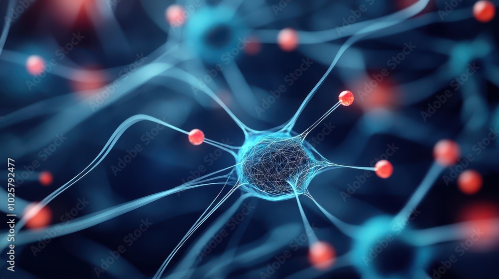 Poster Abstract artistic representation of pharmacokinetics, showing the journey of a drug molecule through different bodily systems with glowing lines and nodes representing distribution and metabolism 