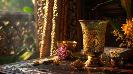 Fototapeta premium Ornate Gold Vase, Bowl, and Flowers on a Wooden Table