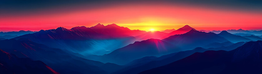 Obraz premium Vibrant Sunset Over Silhouetted Mountains, Creating a Captivating Landscape with Hues of Pink, Yellow, and Blue.