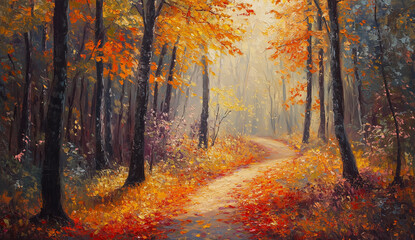 Autumn Forest Landscape with Vibrant Fall Foliage and Winding Path in Golden Sunlight Watercolor Illustration