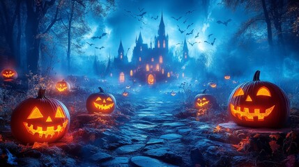 Spooky Halloween Night with Jack o Lantern Path to Haunted Castle