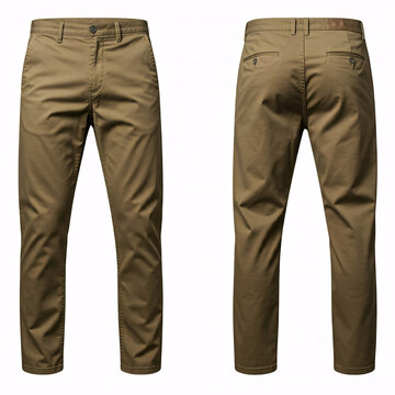 khaki brown men's pants front and back view isolated on white background
