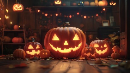 Fototapeta premium Glowing Jack O Lanterns on Wooden Floor for Halloween