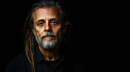 Fototapeta premium Portrait of a Man with Grey Hair and Beard, Wearing a Black Shirt, Gazing Intensely at the Camera