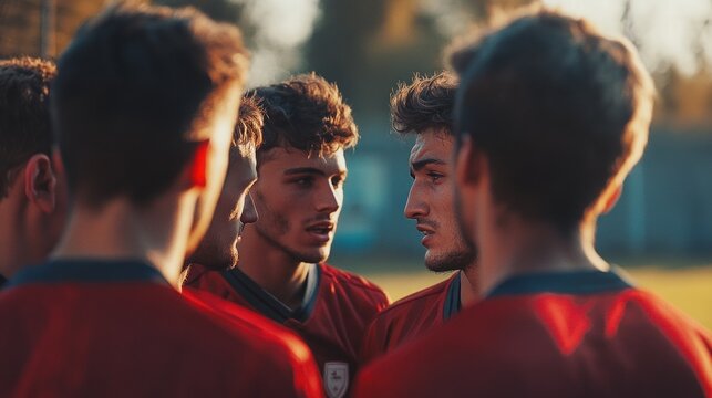A group of young men in red jerseys huddle together on a soccer field during a game. They are listening intently to their coach or teammate, focused on their strategy.
