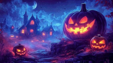 Halloween Night Haunted House with Jack o Lanterns and Full Moon