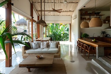 Luxury villa interior, living room, view from the balcony