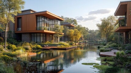 Fototapeta premium A cutting-edge urban waterfront development with mixed-use buildings, boardwalks, and recreational areas, reflecting the modern approach to sustainable city living.
