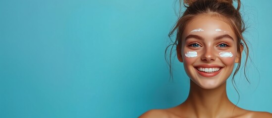 Skincare routine smiling woman with cream on face, blue background