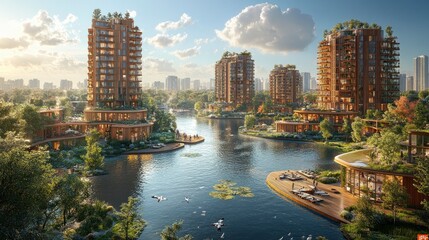 Fototapeta premium A cutting-edge urban waterfront development with mixed-use buildings, boardwalks, and recreational areas, reflecting the modern approach to sustainable city living.