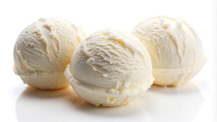 close-up of three scoops of white ice cream on white background
