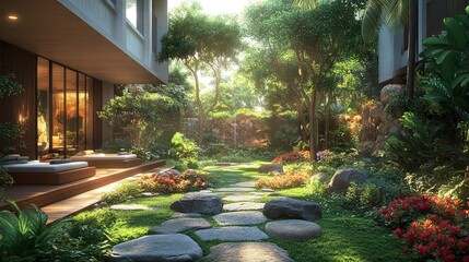 A beautifully landscaped urban garden nestled between towering skyscrapers, offering a green oasis in the midst of a concrete jungle.