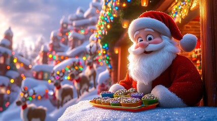 Santa Claus Joyfully Baking Cookies in a Winter Wonderland