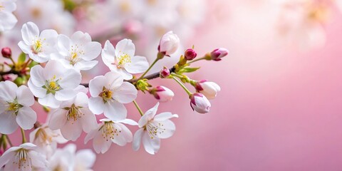 Fototapeta premium Close-up of white cherry blossoms on pink background