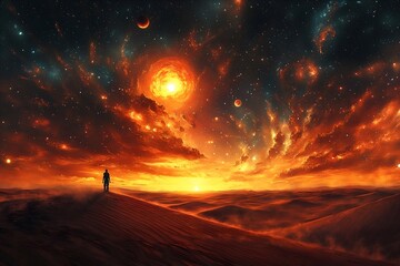 Person standing at sunset on a sand dune gazing at a dramatic galaxy and planets in the night sky