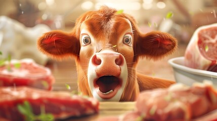 Funny shocked cow looking at raw meat with a surprised expression. Real good quality beef