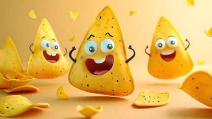 Happy tortilla nacho chips with faces dancing and celebrating. Traditional appetizer in Mexican cuisine