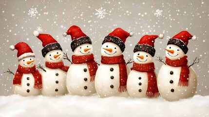 Group of snowmen wearing red hats and scarves in the snow during Christmas. Warm family greeting card for the holidays