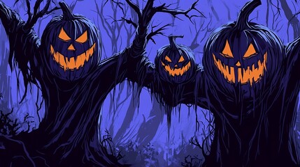 Scary jack-o-lanterns with glowing faces in a haunted forest. Spooky purple and black illustration at night on Halloween 