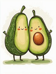 Cute cartoon avocado halves with smiling faces standing together in a hug on white background. Minimalist Valentines day card for romantic love. A healthy and happy couple