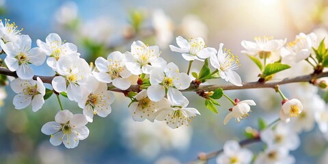 Closeup of white flowers blooming on tree branch
