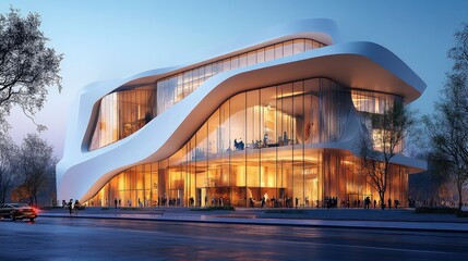 A modern urban museum with a striking architectural design, large open spaces, and interactive exhibits, serving as a cultural landmark in the city.