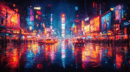 Fototapeta premium A dynamic urban streetscape at night, with neon lights, bustling crowds, and a vibrant energy that captures the essence of city life after dark.