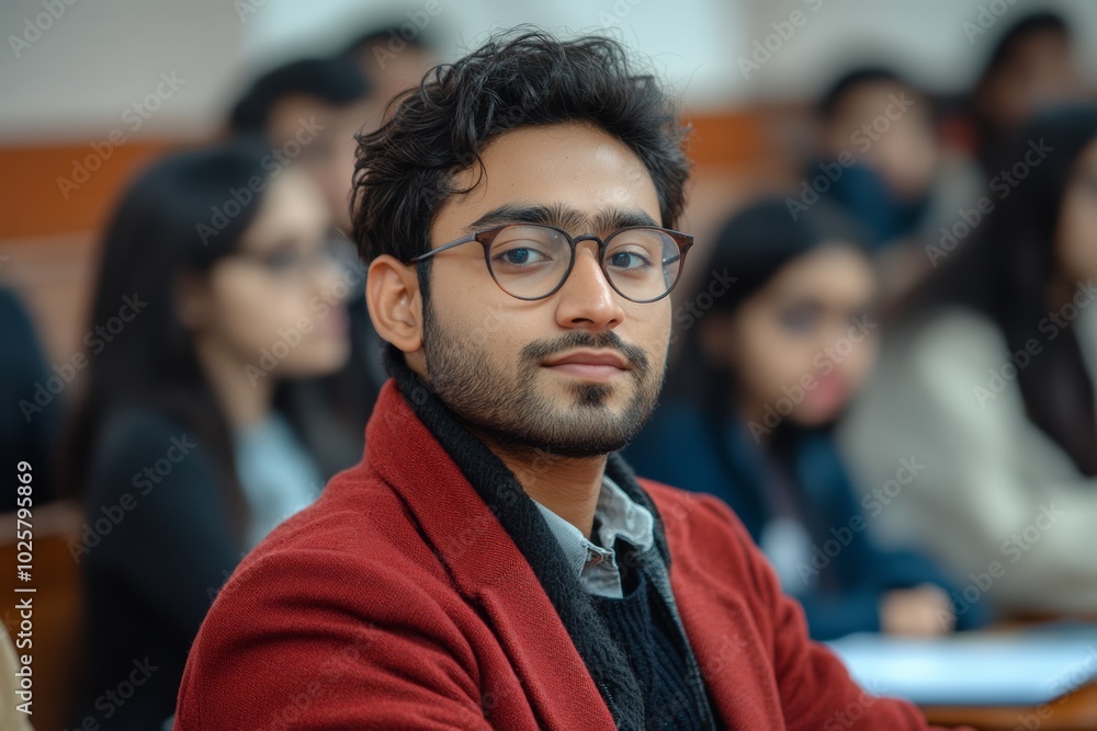Poster man wearing glasses and a red jacket is sitting in a classroom. he is the center of attention. india