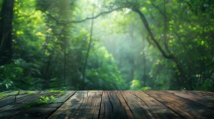 Empty table for product display montages in the forest of bokeh background