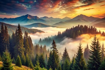 Obraz premium Misty Mountain Landscape with Fir Forest in Vintage Hipster Style - Serene and Atmospheric Nature Scene for Your