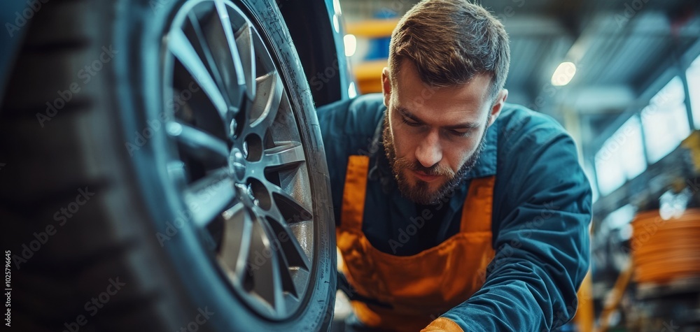 Poster man is working on a car tire in a garage. he is wearing an orange apron and he is focused on his tas