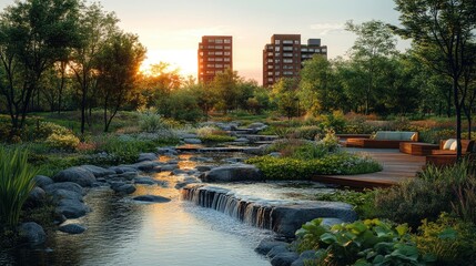Fototapeta premium A meticulously designed urban park with water features, walking paths, and seating areas, providing a peaceful retreat for city dwellers.