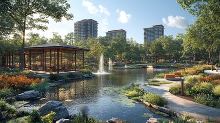 A meticulously designed urban park with water features, walking paths, and seating areas, providing a peaceful retreat for city dwellers.