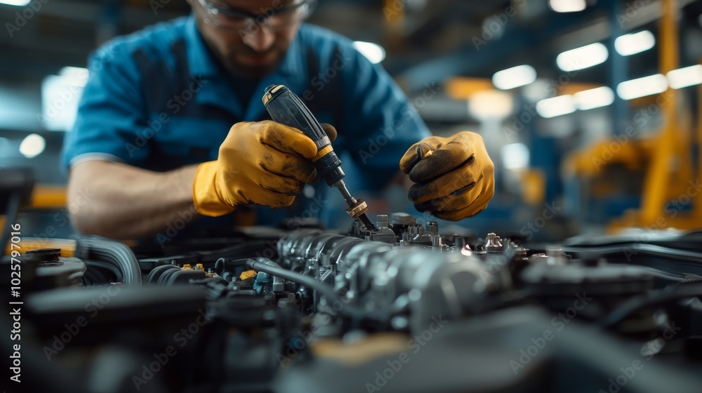 Poster two mechanics are working on a car engine. one of them is holding a tool that looks like a screwdriv