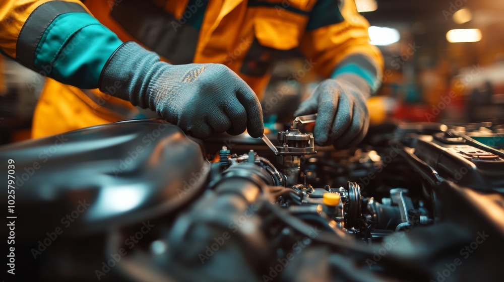 Poster two mechanics are working on a car engine. one of them is holding a tool that looks like a screwdriv