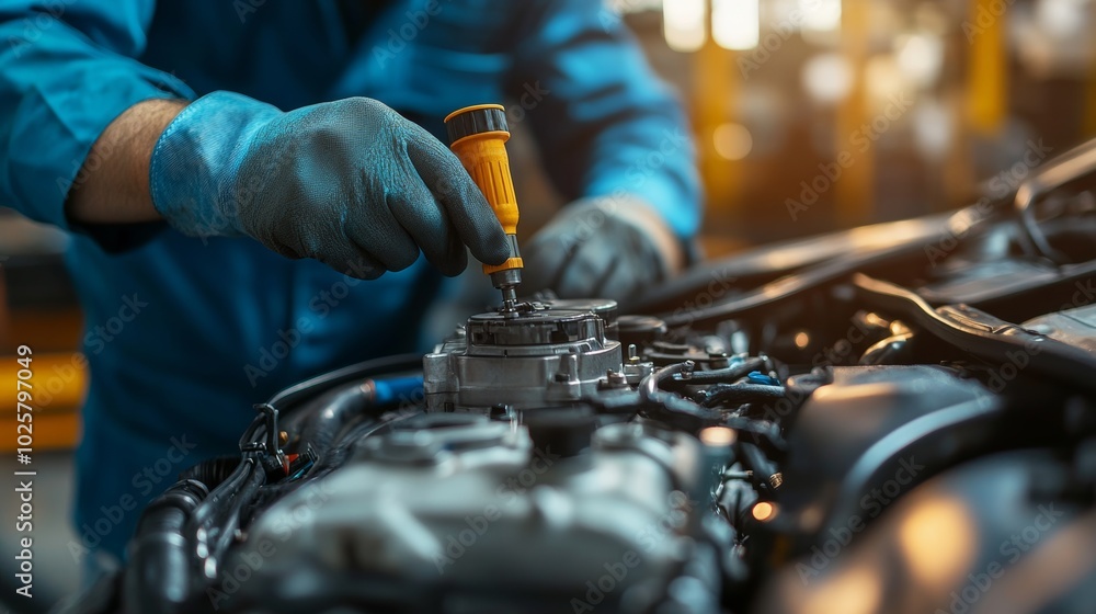 Poster two mechanics are working on a car engine. one of them is holding a tool that looks like a screwdriv