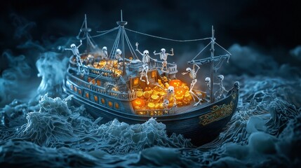 Obraz premium Skeletons celebrating on a ghostly pirate ship amidst stormy waves.