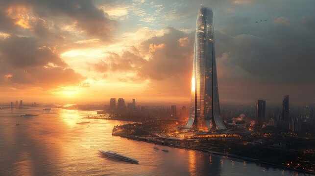 A sleek urban skyscraper with a distinctive design, towering above the surrounding buildings, symbolizing the city's growth and ambition.
