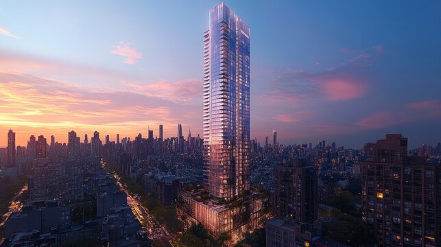 A sleek urban skyscraper with a distinctive design, towering above the surrounding buildings, symbolizing the city's growth and ambition.