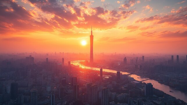 A sleek urban skyscraper with a distinctive design, towering above the surrounding buildings, symbolizing the city's growth and ambition.