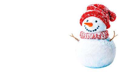 Knitted snowman in blue hat and scarf isolated on white background. Winter fairy tale story with your own hands, hobby. Merry Christmas and New Year.